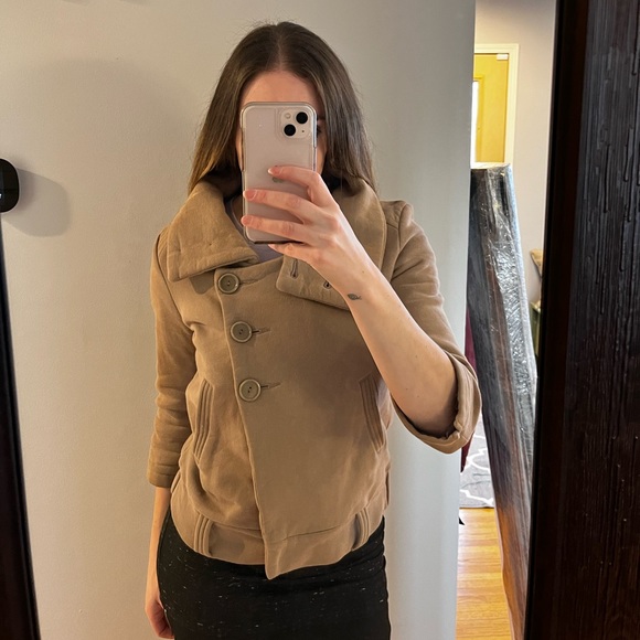 Aritzia Community Moto Jacket Tan Funnel Neck Pea Coat - Picture 2 of 6